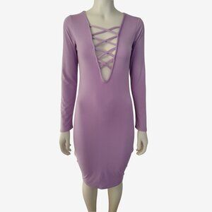Purple Stretch Knit Lace Up Plunge Neck Long Sleeved Bodycon Midi Dress